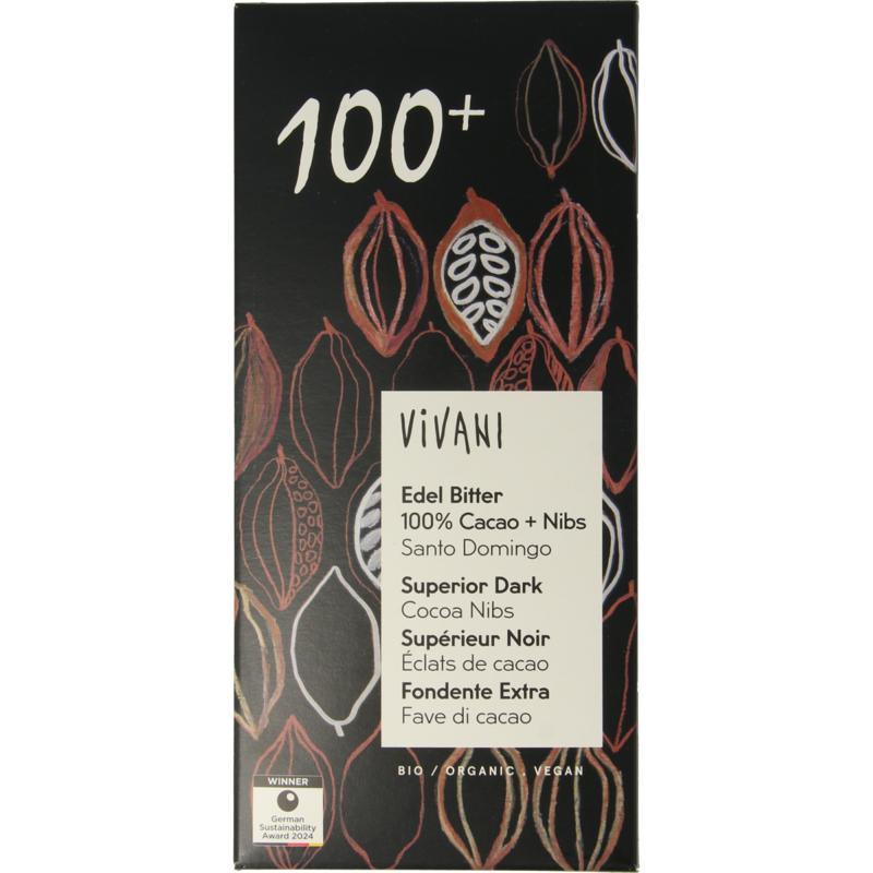 Chocolade puur superieur 100% + cacao nibs bio